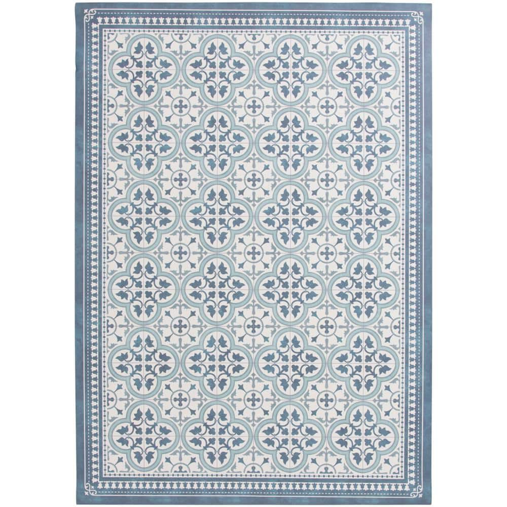 StyleWell Mediterranean Tile Ivory/Teal 5 ft. x 7 ft. Vinyl Area Rug ...