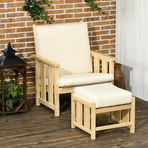 2-Piece Wood Outdoor Chaise Lounge with Beige Cushions and Ottoman