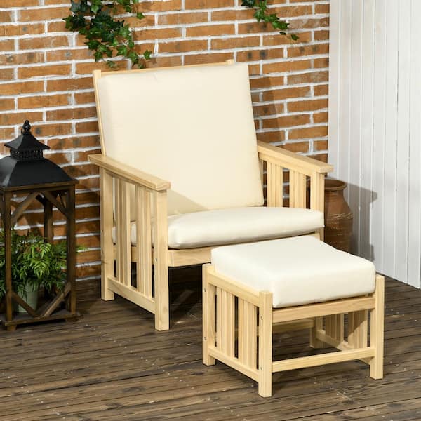 Tenleaf 2-Piece Wood Outdoor Chaise Lounge with Beige Cushions and Ottoman