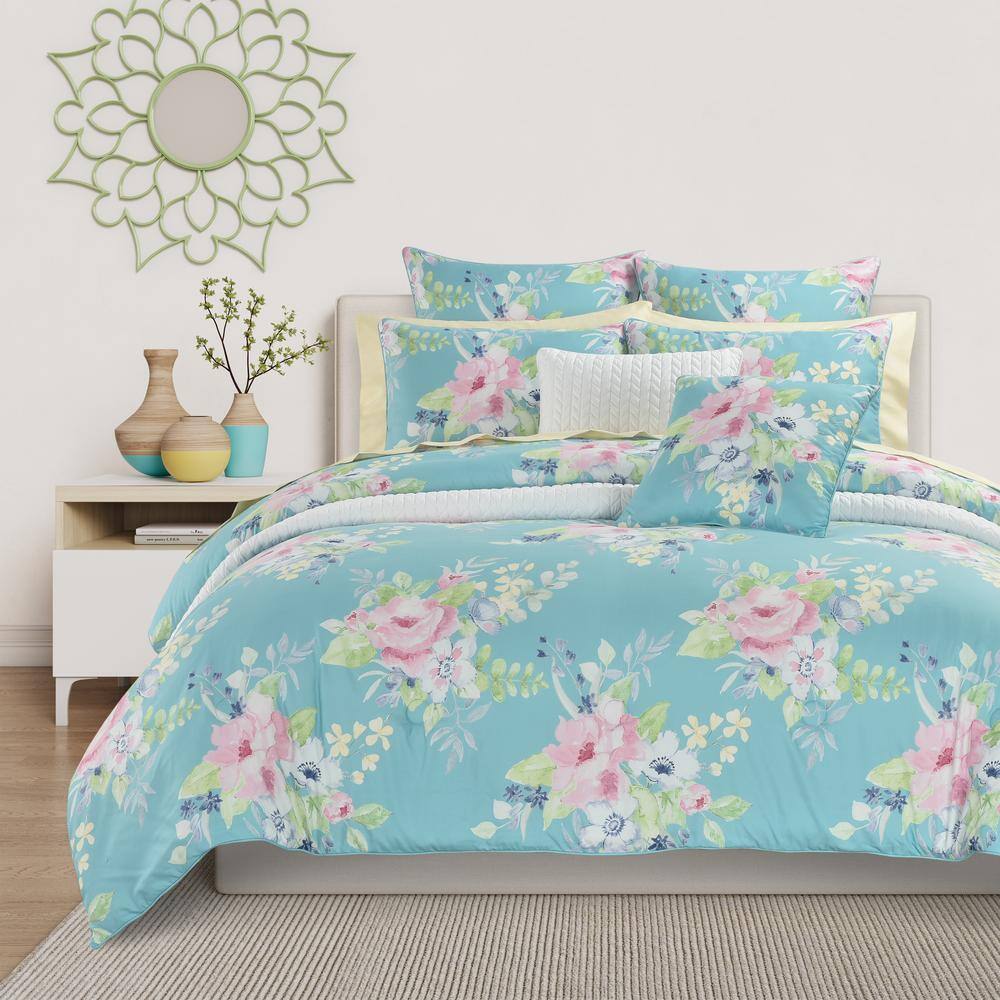 Aqua Floral Bouquet 18" Square Microfiber Throw Pillow