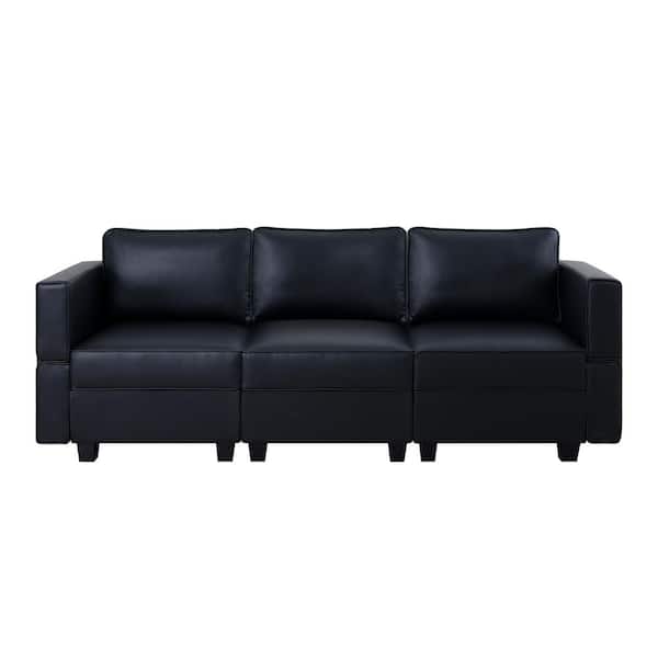 HOMESTOCK 87.01 in. W Faux Leather Sofa Streamlined Comfort for Your Sectional Sofa in Black