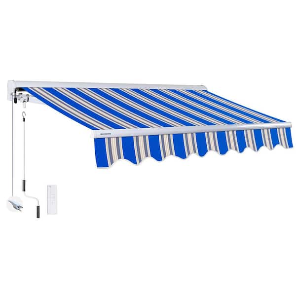 16 ft. Luxury Series Semi-Cassette Electric w/ Remote Retractable Patio Awning, Blue/Beige Stripes (10 ft. Projection)