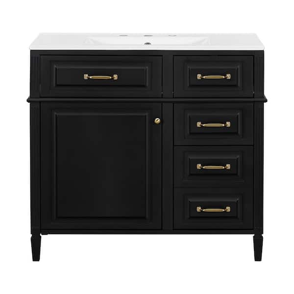 36 in. Freestanding Black Bath Vanity with White Ceramic Top Flip Drawer Design and Adjustable Shelf