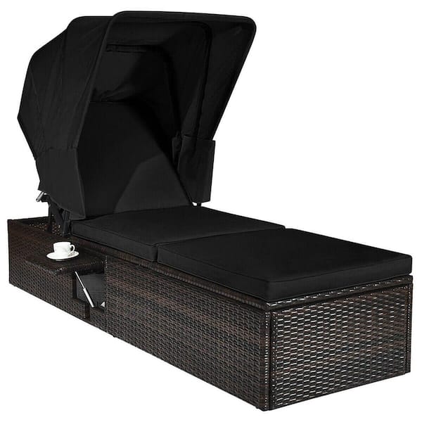 ANGELES HOME Wicker Outdoor Chaise Lounge Chair with Folding Canopy with Adjustable Black Cushions