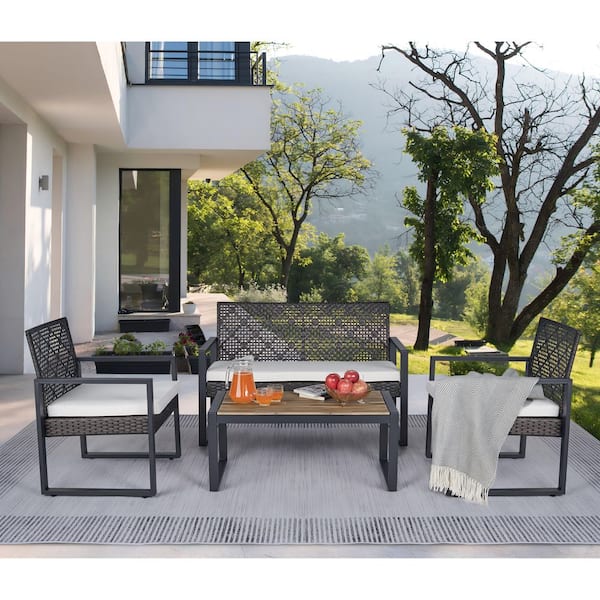 Brown 4-Piece Rattan Patio Conversation Set with Acacia Wood Table Top and Beige Removable Cushions