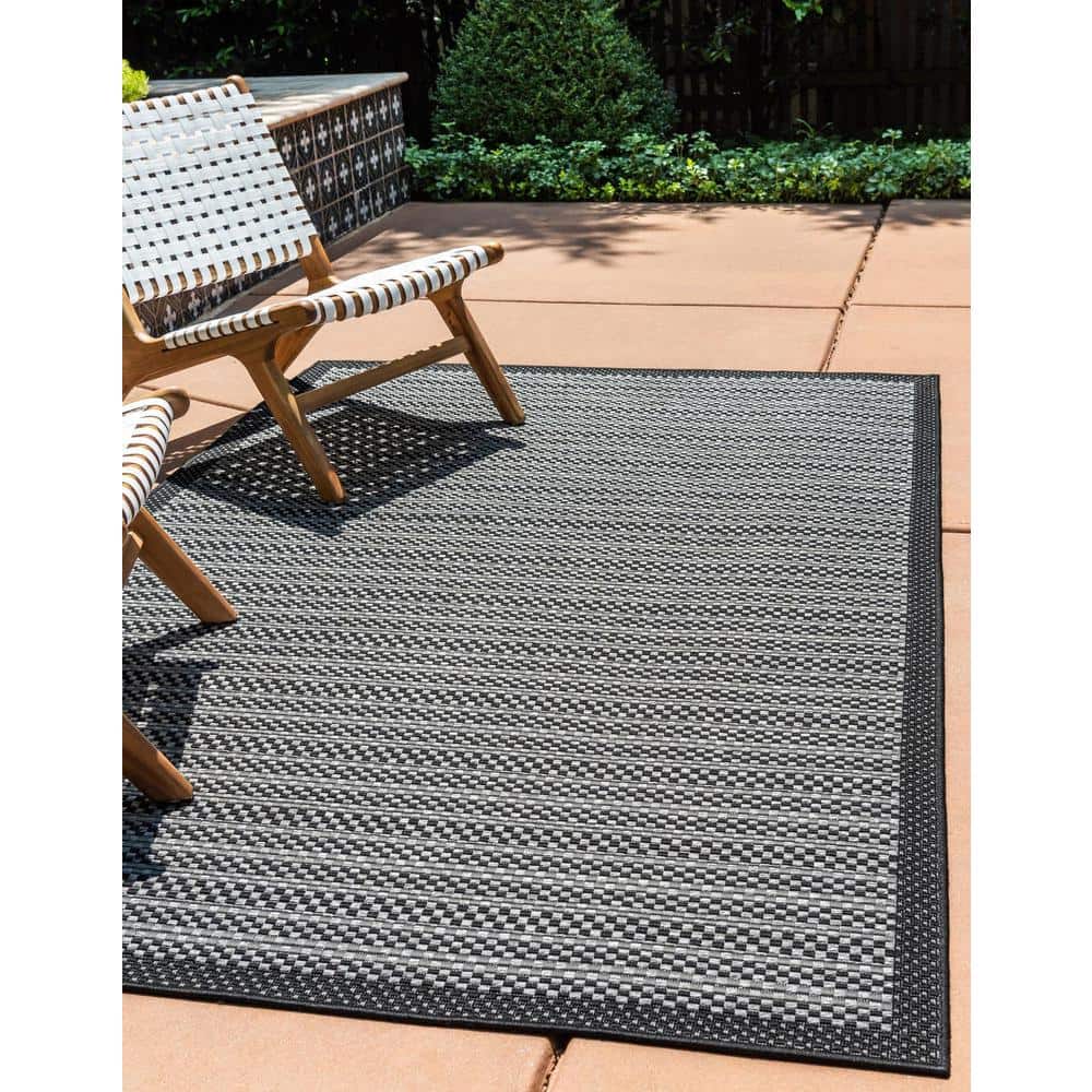 Gray and Black Striped Synthetic Outdoor Area Rug
