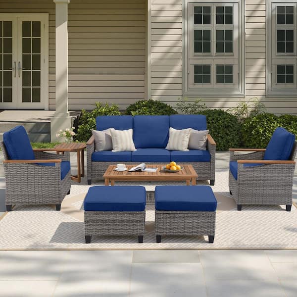 7-Piece Wood and Wicker Patio Conversation Set, Outdoor 5-Person Seating Group Sofa Set With Blue Cushions
