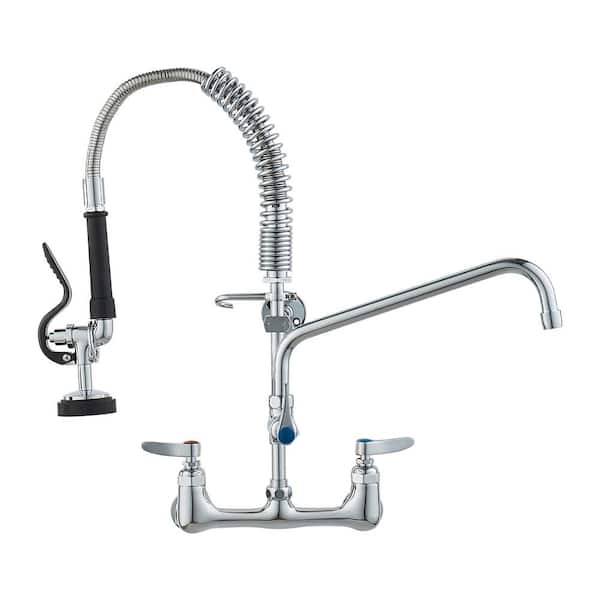 Commercial Faucet 21 in. H, 8 in. Center 12 in. Double Handle Pull Down Sprayer Kitchen Faucet in Silver