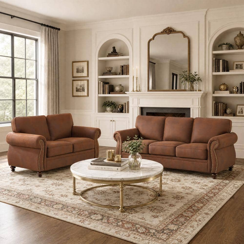 American Style 2-Piece Faux Leather Living Room Sofa Set with Rivet Trim, Loveseat & 3-Seat Sofa, Caramel Rust