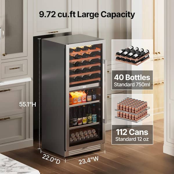 24 in. 40-Bottle and 112-Can Beverage and Wine Cooler Fridge Dual Zone Refrigerator in Stainless Steel (Left-Hinged)
