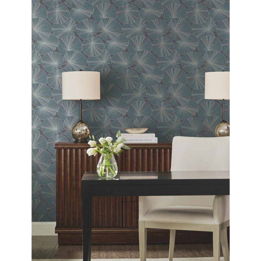 Layered Deep Blue and Charcoal Lily Pads Wallpaper