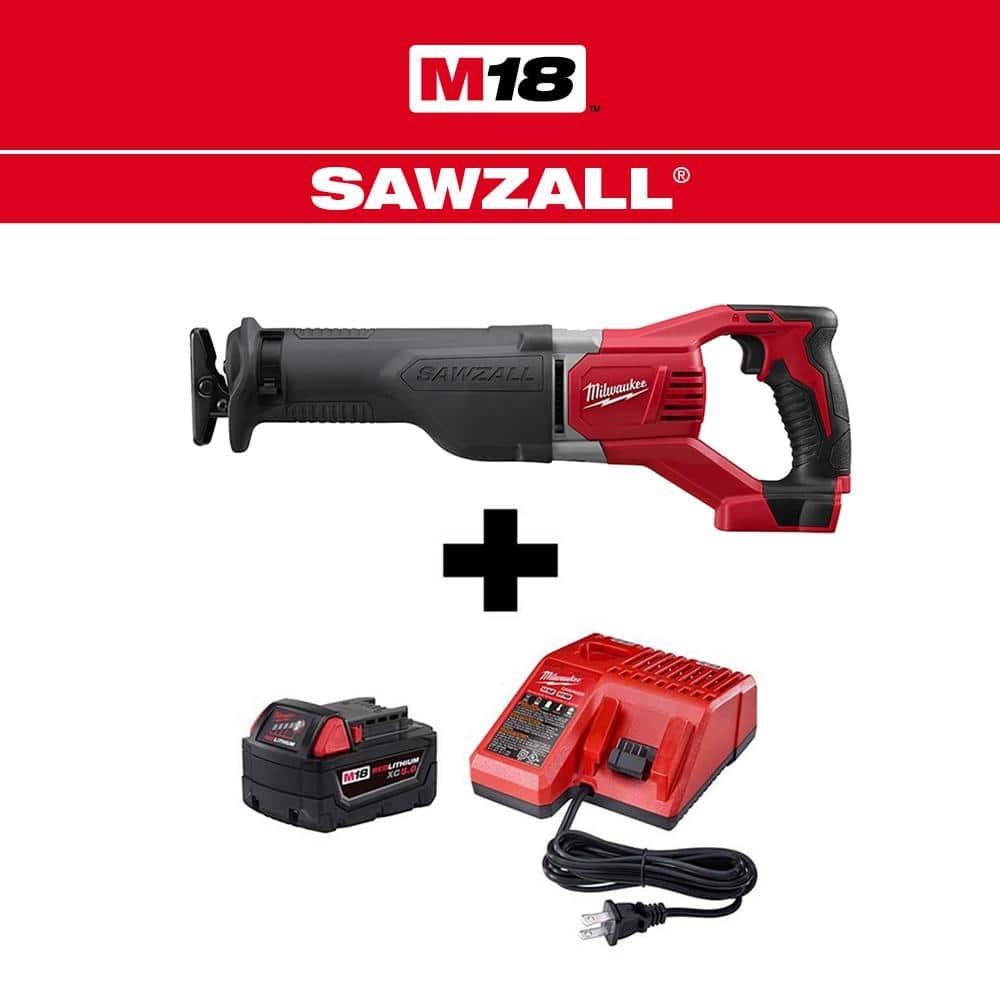 Milwaukee M18 18V Lithium-Ion Cordless SAWZALL Reciprocating Saw with M18  Starter Kit (1) 5.0Ah Battery and Charger 2621-20-48-59-1850 The Home  Depot
