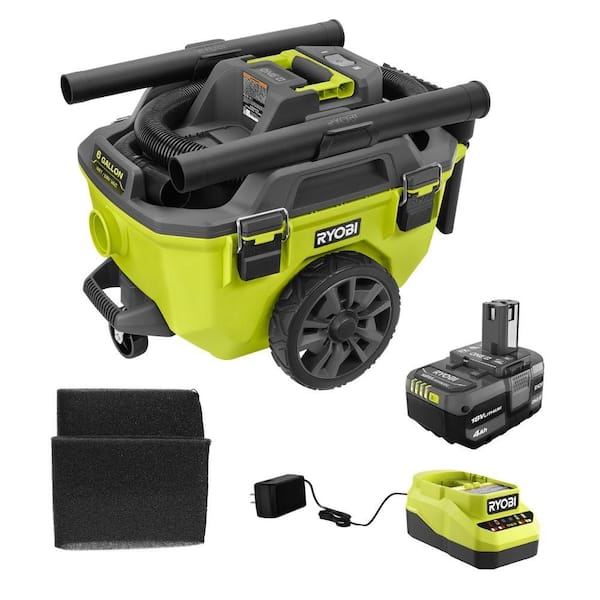 RYOBI ONE+ 18V Cordless 6 Gal. Wet Dry Vacuum Kit with 4.0 Ah Battery, 18V Charger, and Large Wet/Dry Foam Filters (2-Pack)