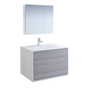 Catania 36 in. Modern Wall Hung Vanity in Glossy Ash Gray with Vanity Top in White with White Basin and Medicine Cabinet