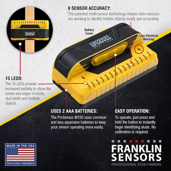 ProSensor M150 Full Width Center and Edge Stud Finder with 9-Sensors and Live Wire Warning/Wood and Metal Stud Detector