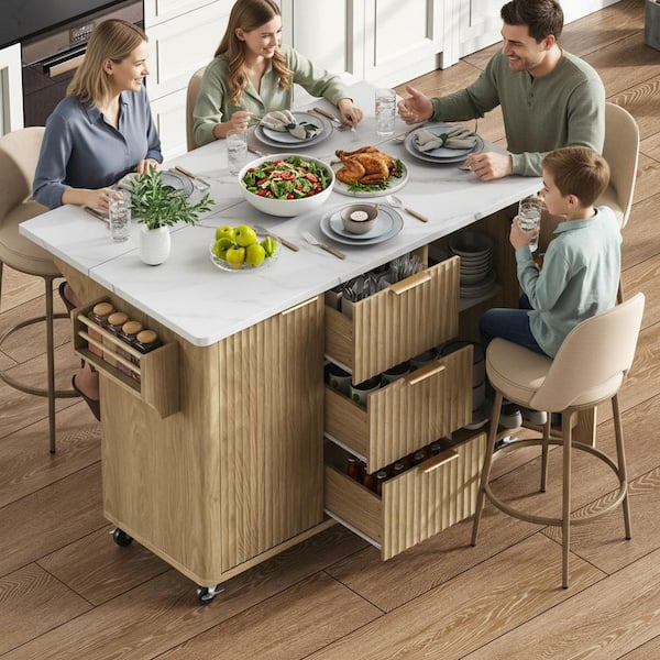 Runesay Rustic Natural Wood 55.5 in. Drop Leaf Power Outlet Curved Edge Kitchen Island with 6-Door Shelves and Adjustable Shelf