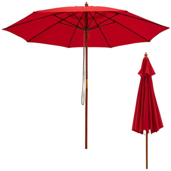 WELLFOR 9.5 Ft. Fibreglass Market Pulley Lift Patio Umbrella in Red