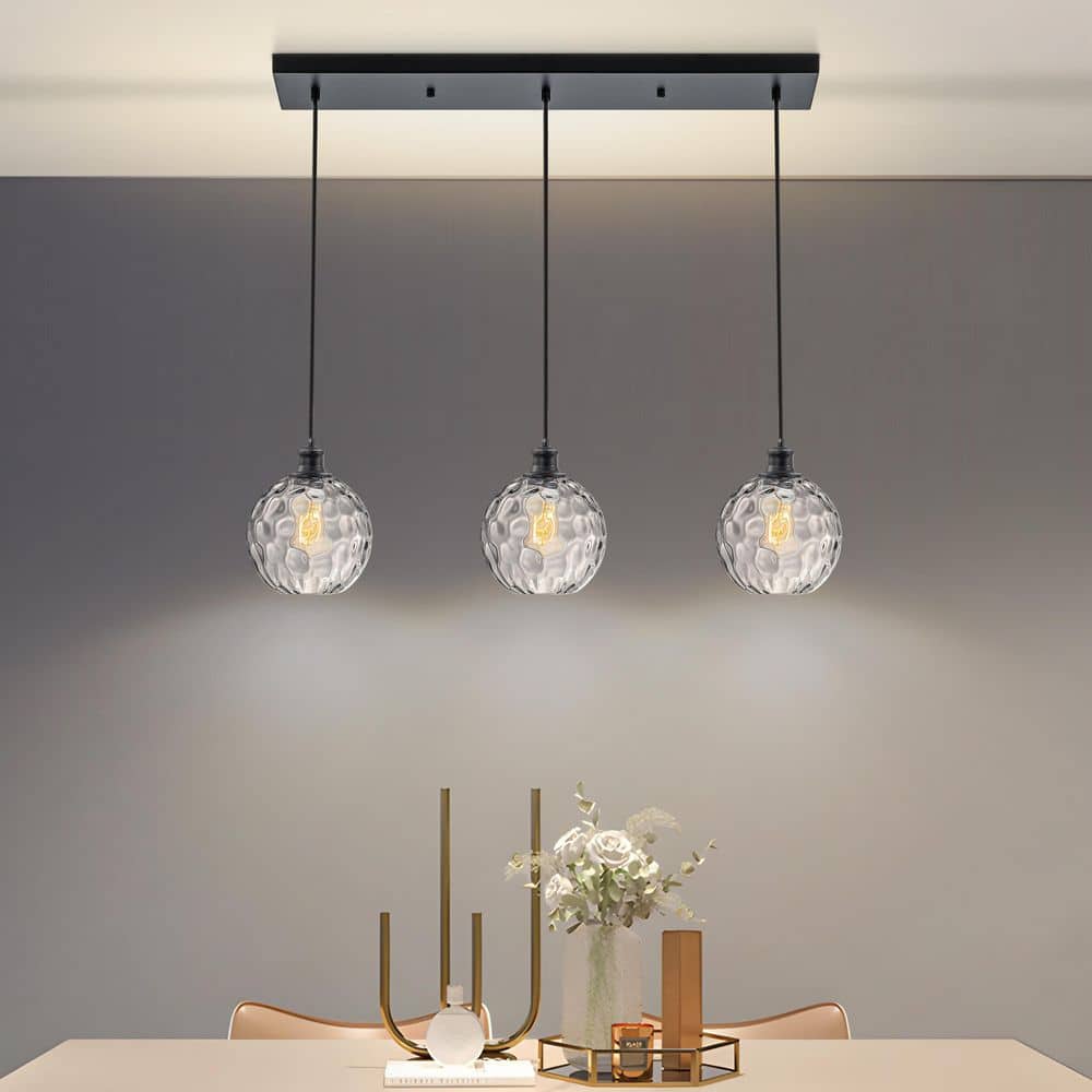 Glazure 3-Light Matte Black Modern Transitional Clear Water Ripple Glass Globes Linear Island Pendant Light price history on PriceWatchPro