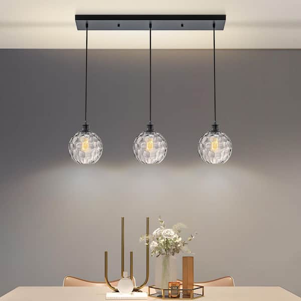 3 Light Black Modern/Contemporary Hammered Glass Kitchen Island Light Clear Water Glass Hanging Pendant Light