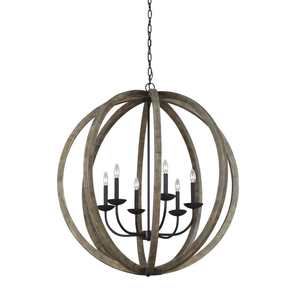 Allier 6-Light Weathered Oak Wood & Antique Iron Chandelier