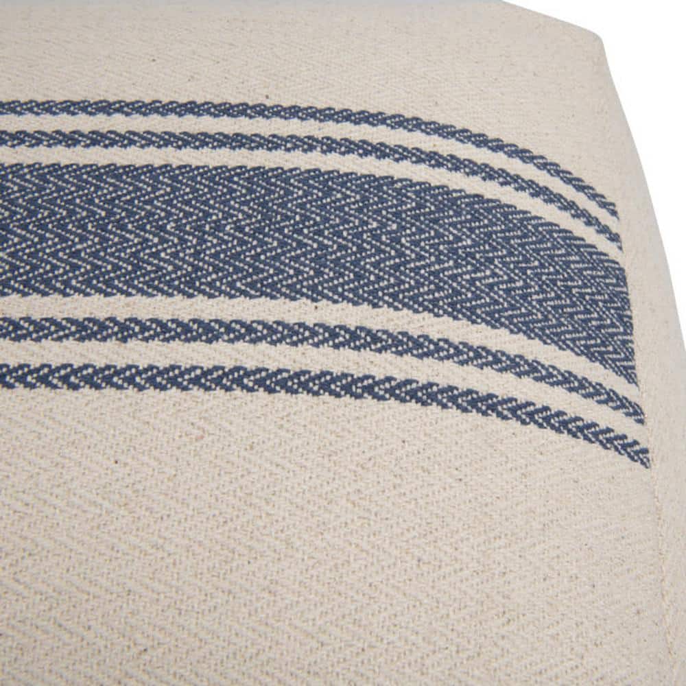 Coastal Charm Cream & Blue Stripe Square Metal Pouf