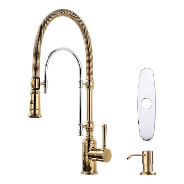 IVIGA Solid Brass Single Handle Pull Down Sprayer Kitchen Faucet with Soap Dispenser in Gold and Chrome