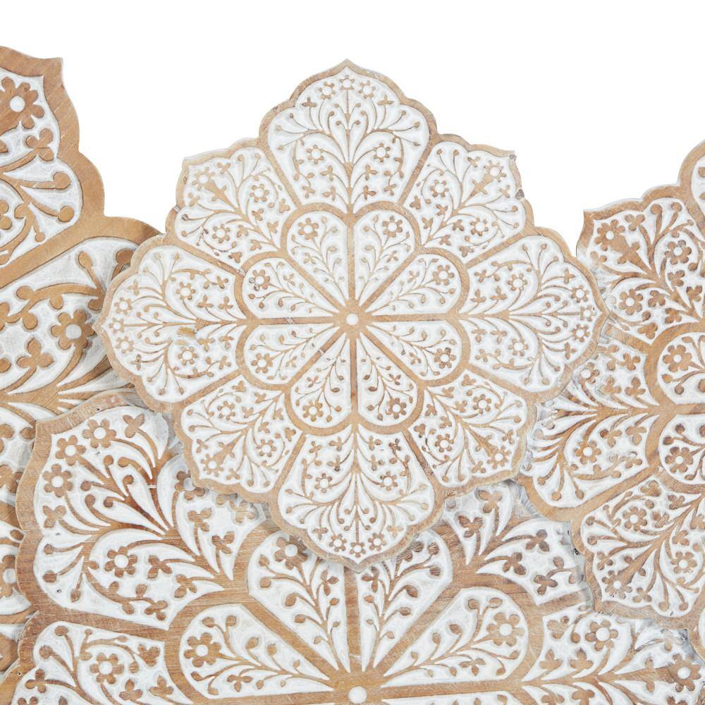 White and Natural Wood Intricately Carved Floral Wall Decor