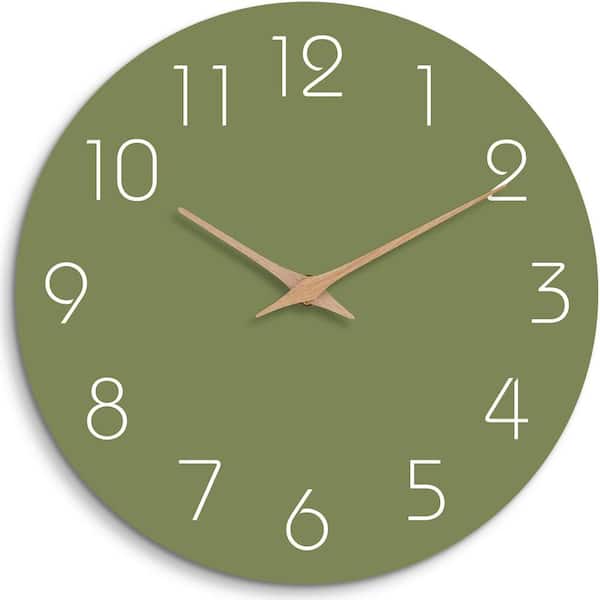 Afoxsos 12 in. Green Analog Silent Non Ticking Wood Wall Clock Battery Operated Decorative for Office, Kitchen and Bathroom