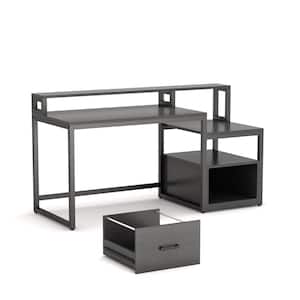 Matt 59 in. Rectangular Black Metal Black Particle Board Wood 1 File Drawer Computer Desk with Monitor Stand and Shelf
