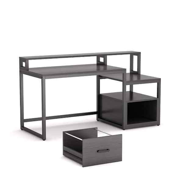 TRIBESIGNS WAY TO ORIGIN Matt 59 in. Rectangular Black Metal Black Particle Board Wood 1 File Drawer Computer Desk with Monitor Stand and Shelf
