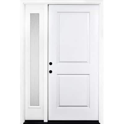 53 in. x 80 in. Classic 2-Panel RHIS White Primed Steel Prehung Front Door with Single 14 in. Rain Glass Sidelites