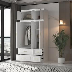 White 6-Door Big Wardrobe Armoires with Hanging Rod, 4-Drawers, Storage Shelves 93.7 in. H x 47.2 in. W x 20.6 in. D