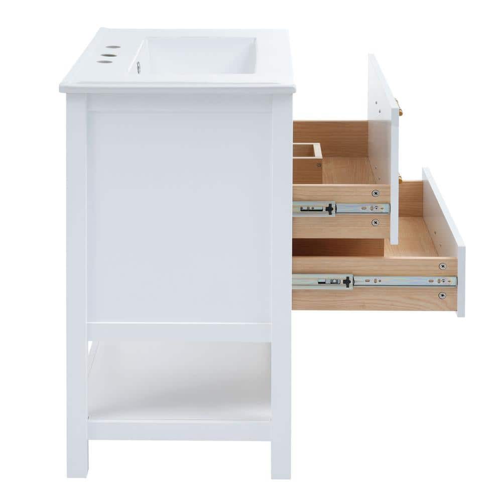 White and Gold Freestanding Single Sink Vanity with Ceramic Top