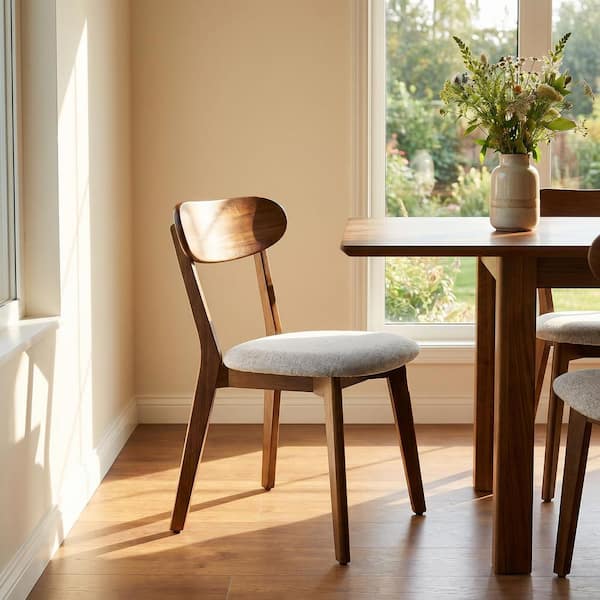 Evarin Modern Gray Fabric Upholstered Dining Chair with Curved Backrest and Walnut Solid Wood Frame (1-Pack)