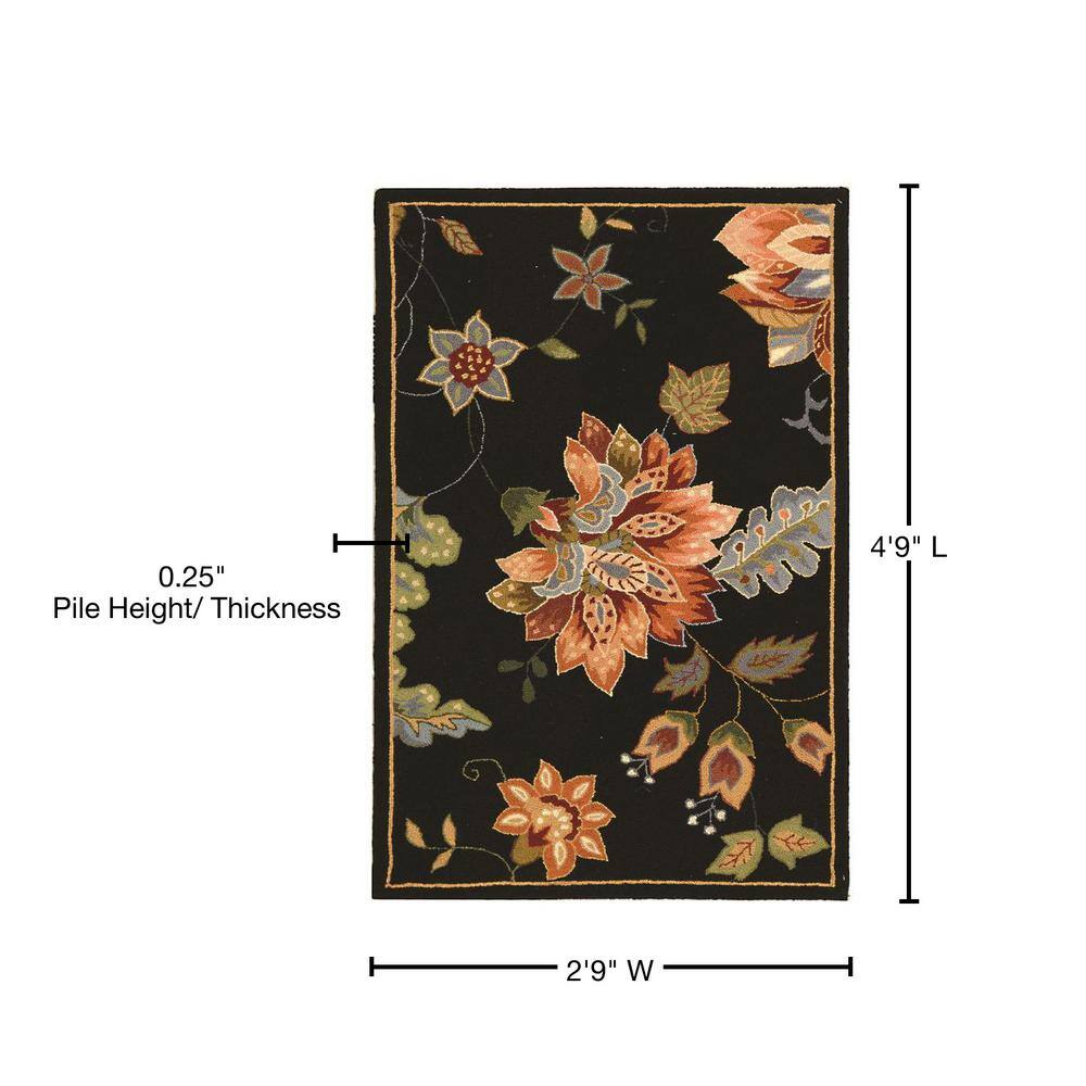 Elegant Floral Black Wool Hand-Knotted Area Rug - 2'9" x 4'9"