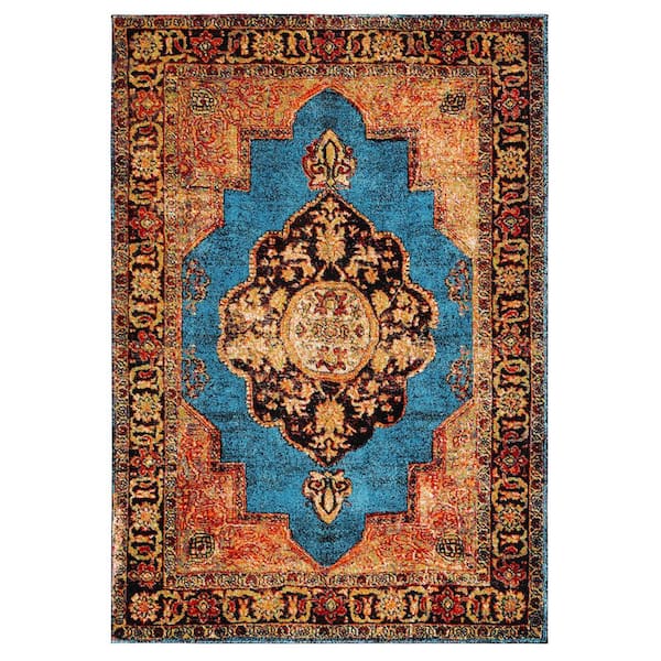 Vintage Hamadan 11 ft. x 14 ft. Gold/Light Blue Border Medallion Area Rug
