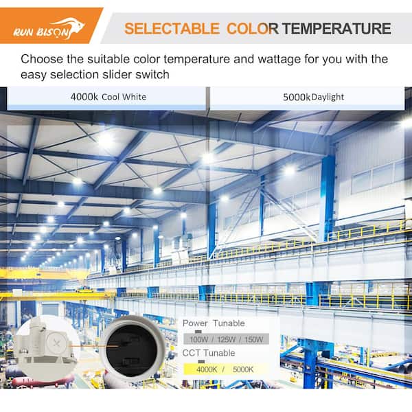 RUN BISON 10.4in. White 150W Integrated LED UFO High Bay Light Fixture, 4000K/5000K Up to 21000 Lumens, 0-10V Dimmable (4-PACK)