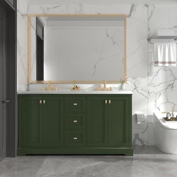 FUNKOL 22.4 in. W x 60 in. H 2 Sink Bathroom Vanity Cabinet 3-Drawers and 2-Double Door Cabinets White Marble Countertop,Green
