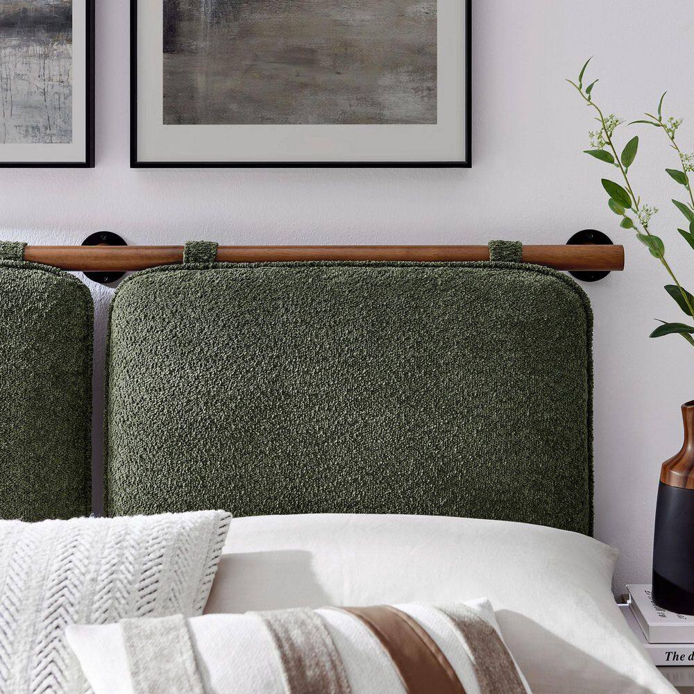 Sage Green Chenille Upholstered Floating Full Headboard with Walnut Bar