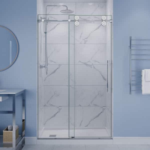 Ozean 44 to 48 in. W x 76 in. H Frameless Sliding Shower Door in Polished Chrome with Tsunami Guard Tempered Clear Glass