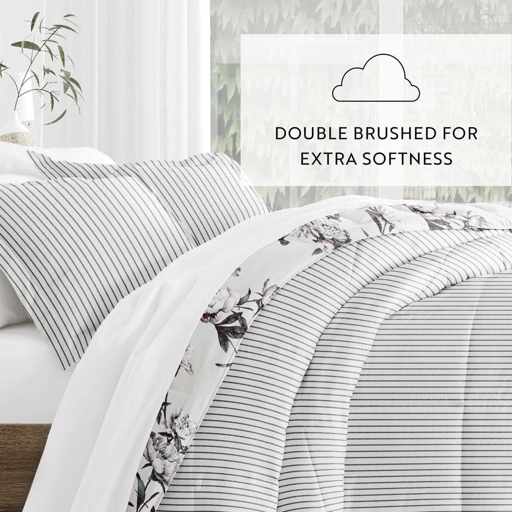 King Gray Floral Down Alternative Reversible Comforter Set