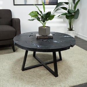 35 in. Black Medium Round Teak Wood Handmade Live Edge Geometric Coffee Table with Black Metal Base