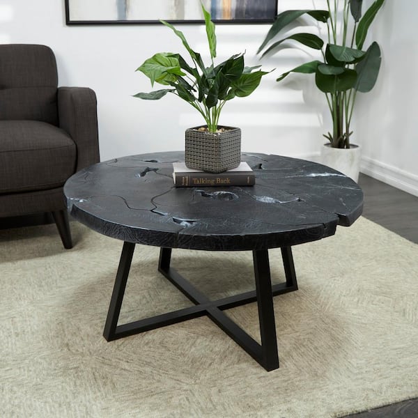 Litton Lane 35 in. Black Medium Round Teak Wood Handmade Live Edge Geometric Coffee Table with Black Metal Base