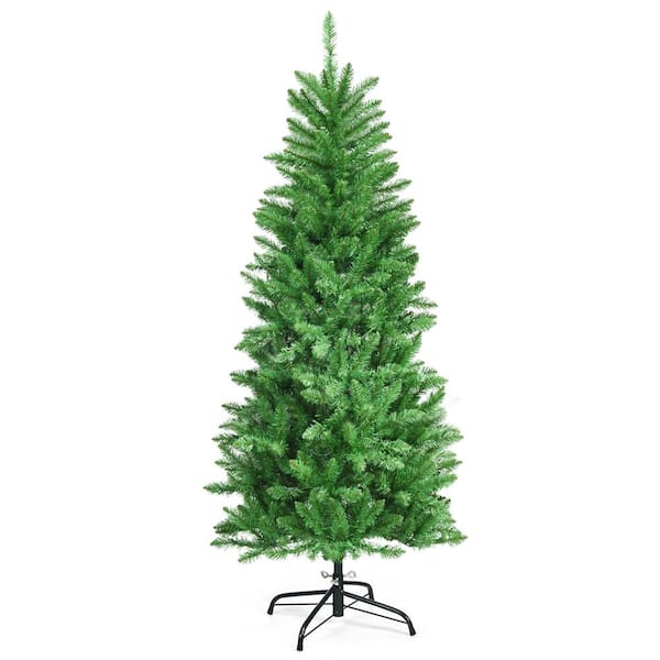 Gymax 5 ft. Pre-Lit Pencil Artificial Christmas Tree Hinged Fir Tree Holiday Decor with LED Lights