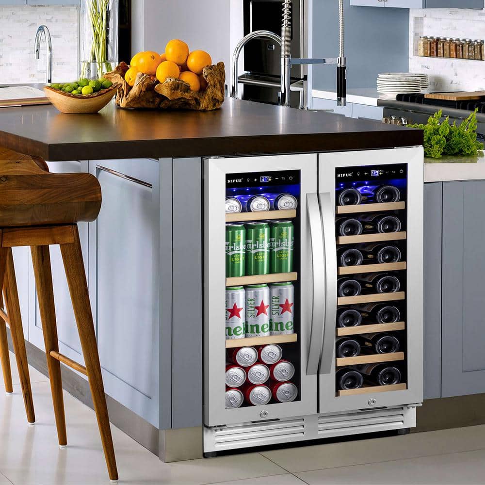 Nipus 24 in. Dual Zone 20-Wine Bottles and 60-Cans Beverage & Wine Cooler in Silver Two Shapes of Door Handle Blue LED Lights, Silver/Stainless Steel