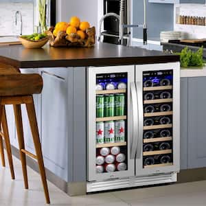 24 in. Dual Zone 20-Wine Bottles and 60-Cans Beverage & Wine Cooler in Silver Two Shapes of Door Handle Blue LED Lights