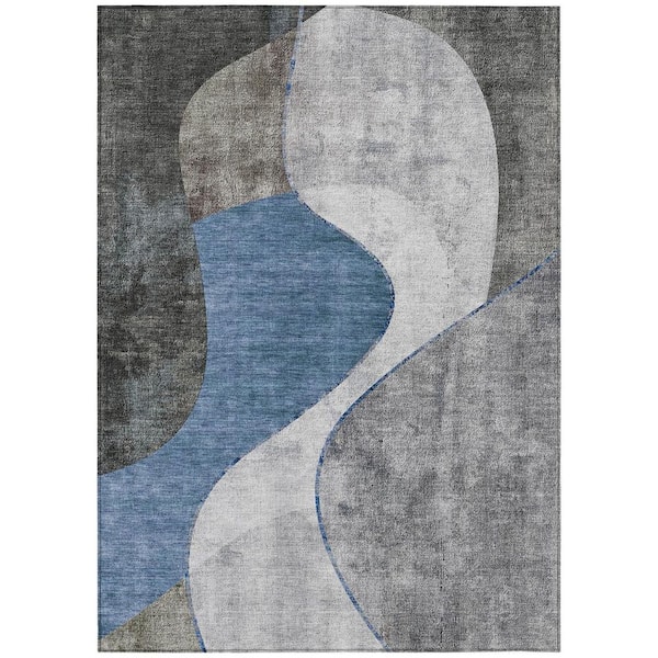Denim Blue, Sky Blue 10 ft. x 14 ft. Woven Abstract Polyester Rectangle Indoor/Outdoor Area Rug