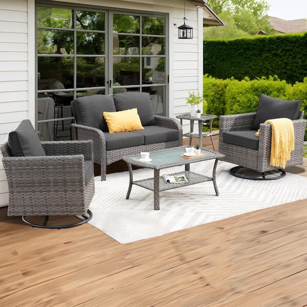 XIZZI Camellia 5-Piece Wicker Patio Conversation Seating Sofa Set with Black Cushions and Swivel Rocking Chairs