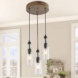 Modern Salvish 3-Light Rustic Bronze Wood Transitional Island Chandelier with Clear Glass Bottle