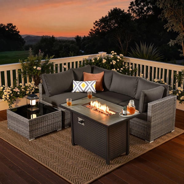 Daffodil J Gray 6-Piece Wicker Patio Outdoor Conversation Sofa Set with Gas Fire Pit and Black Cushions